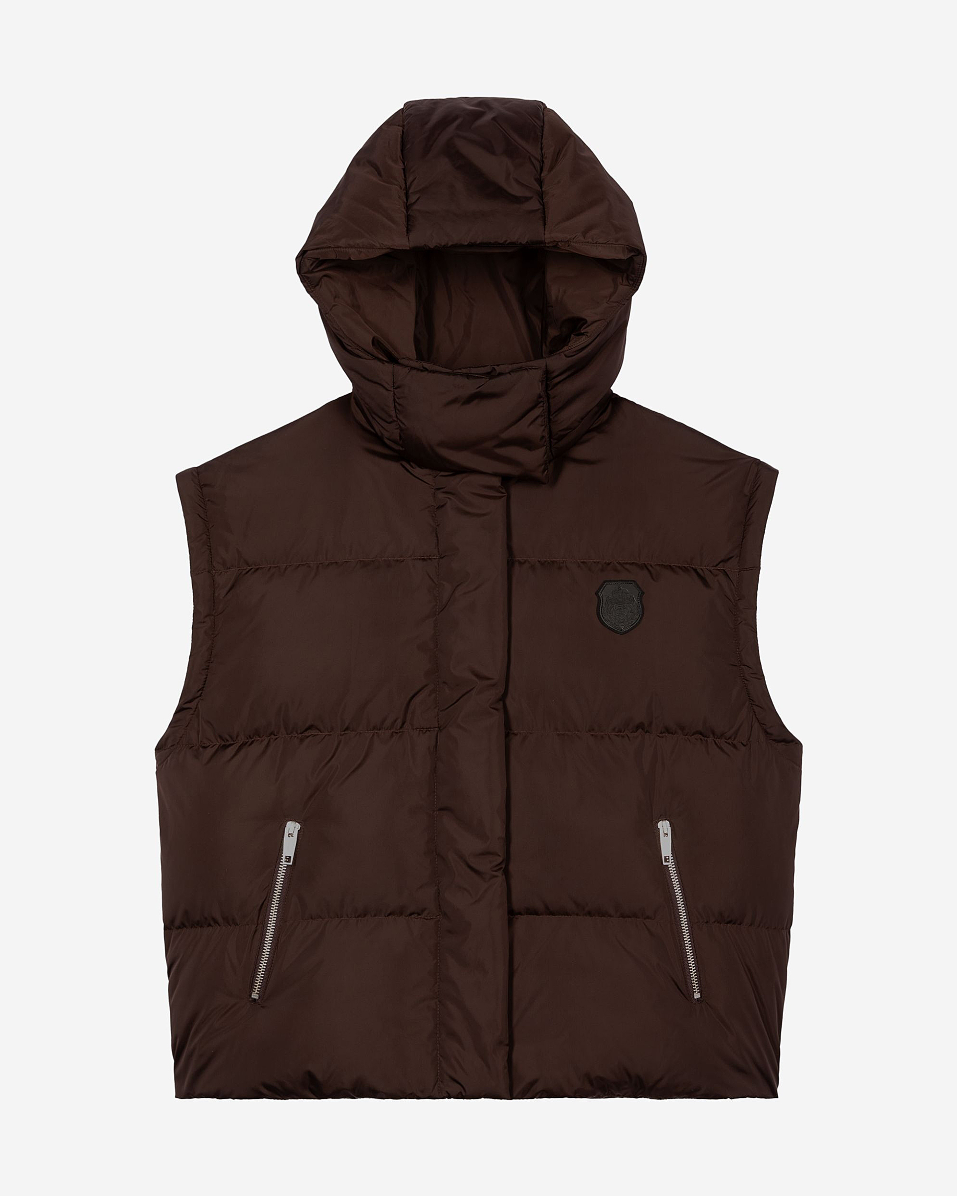 Brown down jacket with removable sleeves