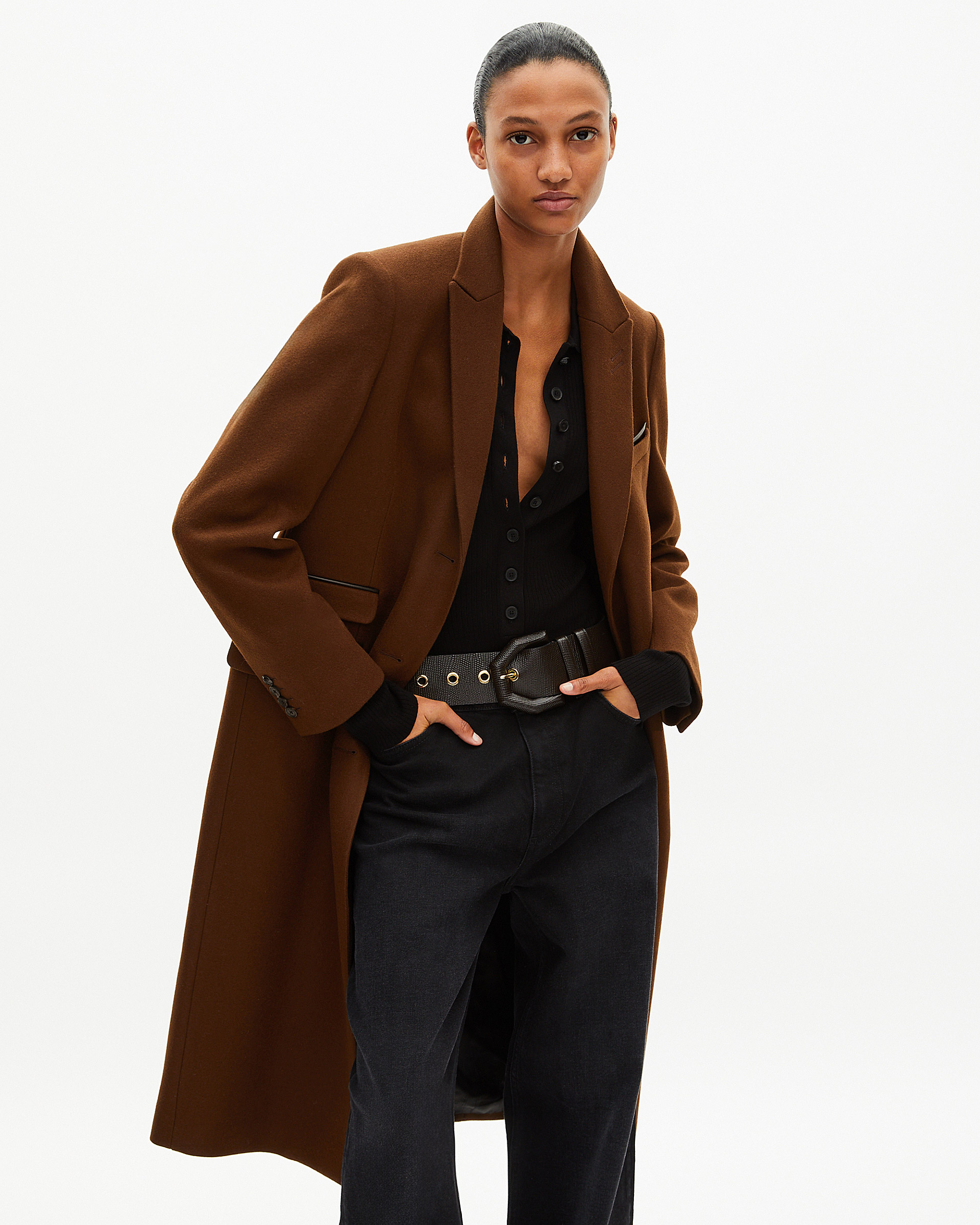 Long wool coat with brown leather details