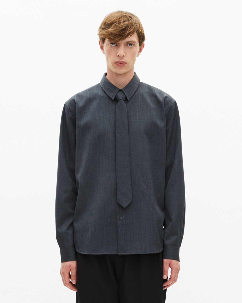 Dark gray wool blend shirt with tie