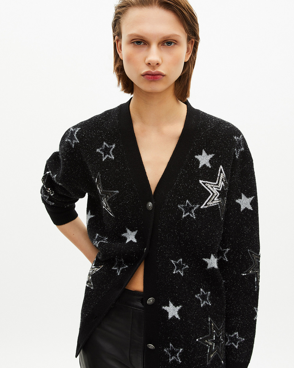 Black sequin star pattern wool cardigan