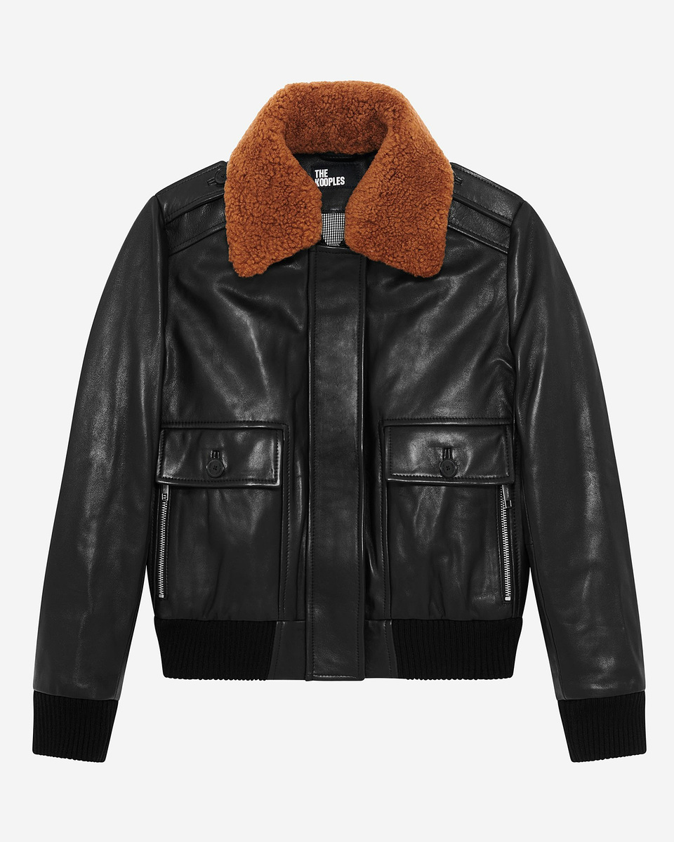 Short black smooth leather jacket with sherpa collar