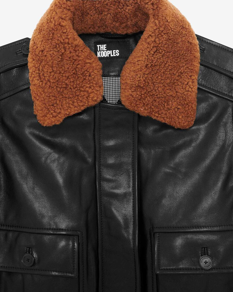 Short black smooth leather jacket with sherpa collar