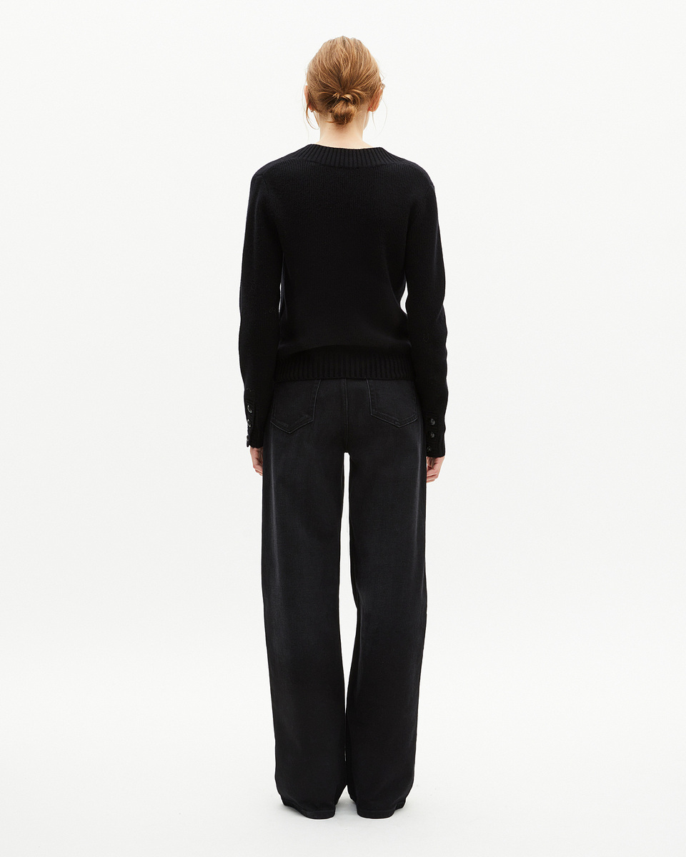 Black merino wool V-neck sweater