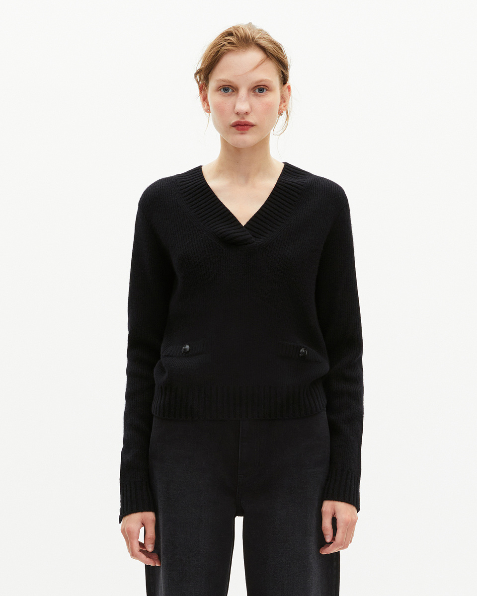 Black merino wool V-neck sweater