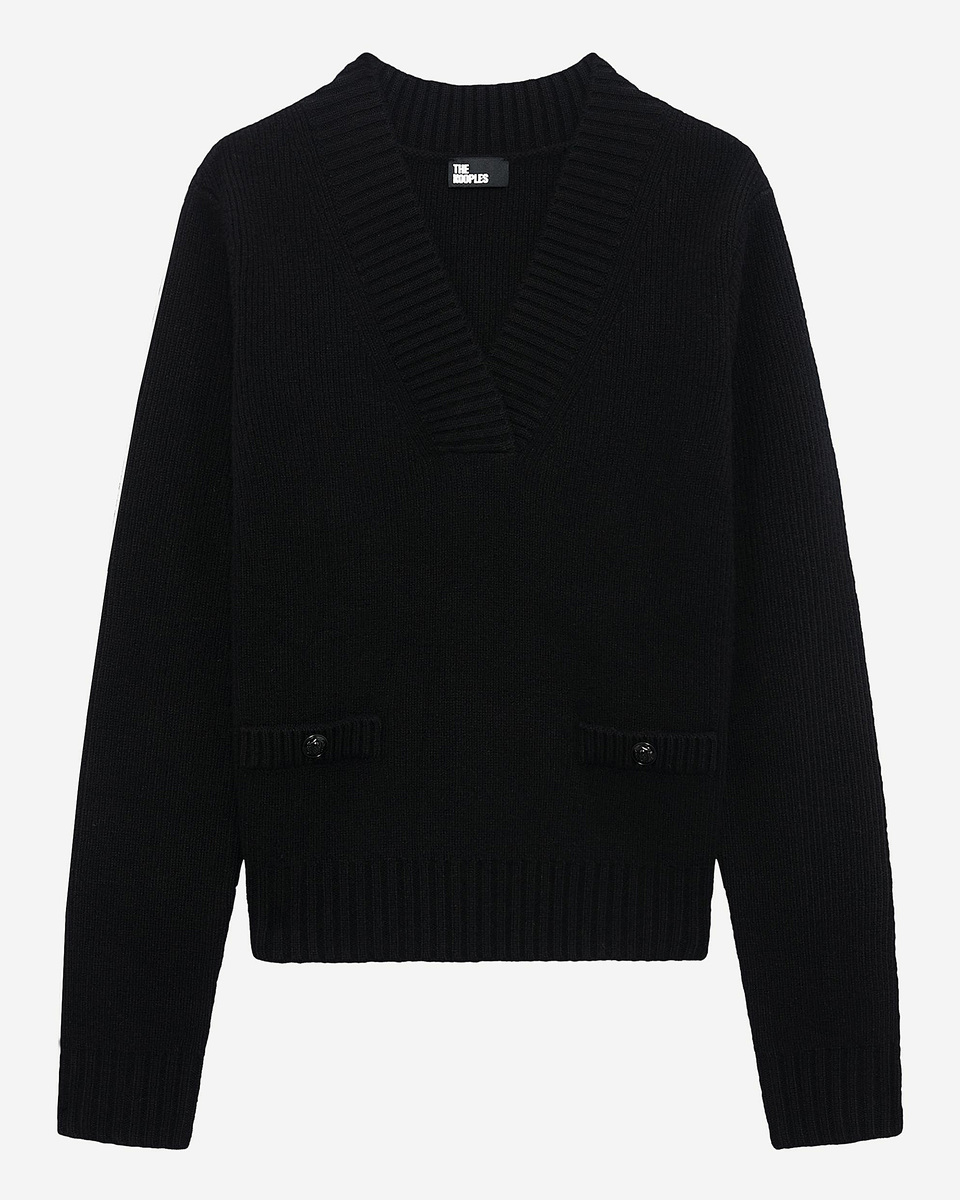 Black merino wool V-neck sweater