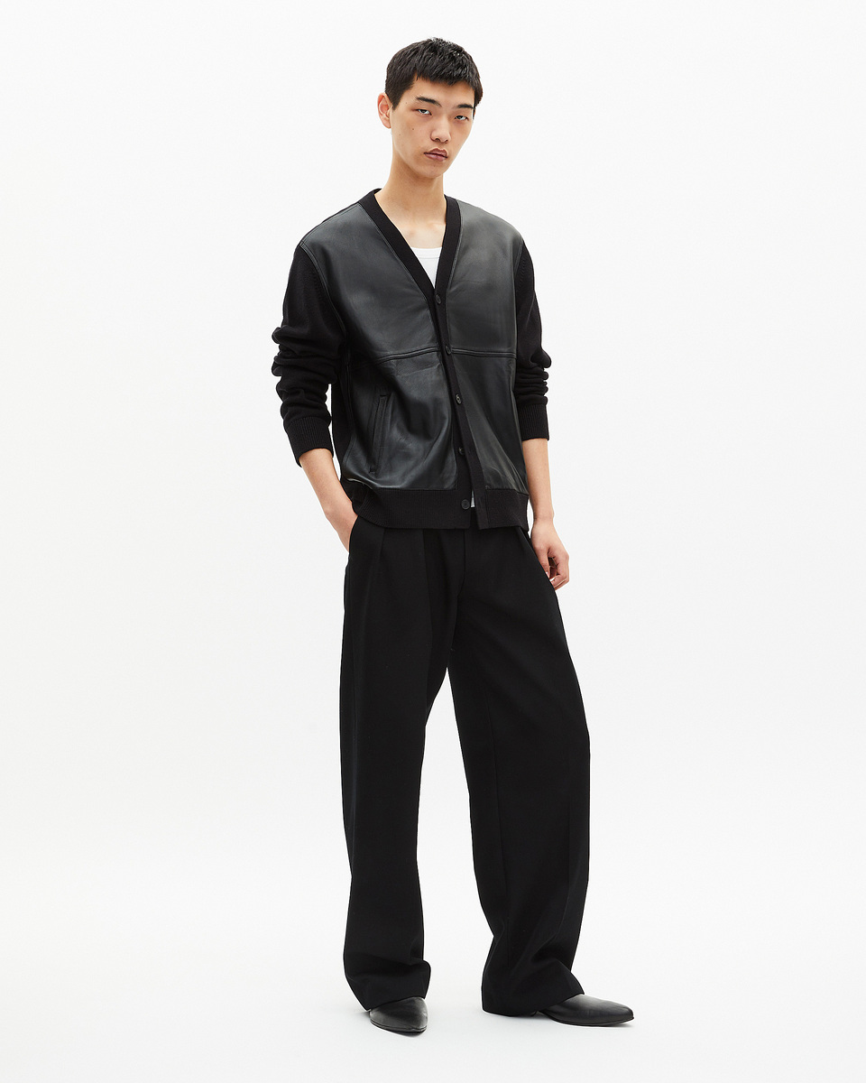 Two-material button-down cardigan with black leather