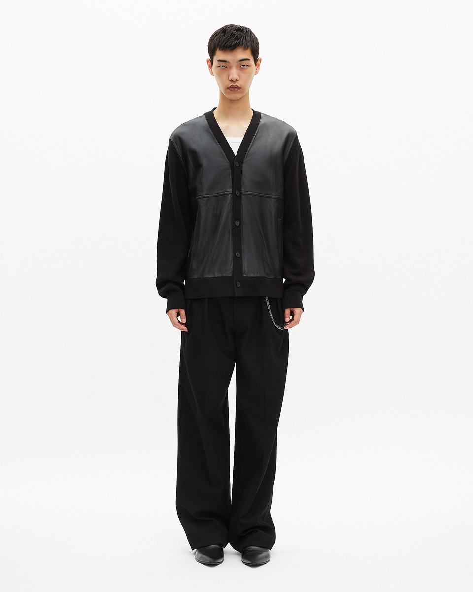 Two-material button-down cardigan with black leather