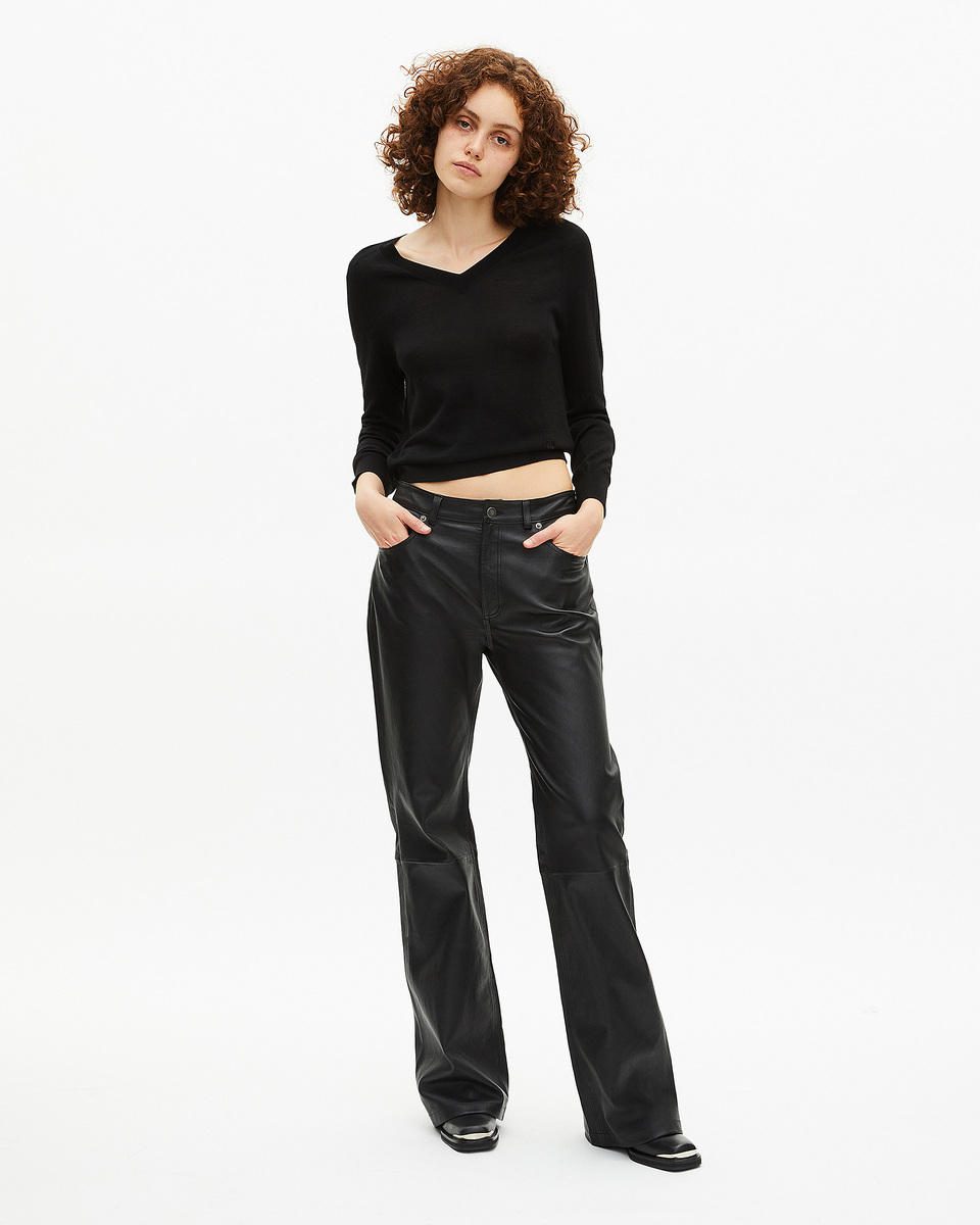 Black merino wool V-neck sweater