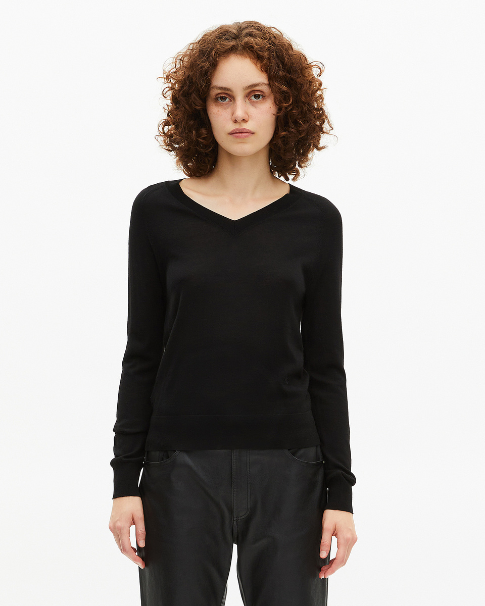 Black merino wool V-neck sweater