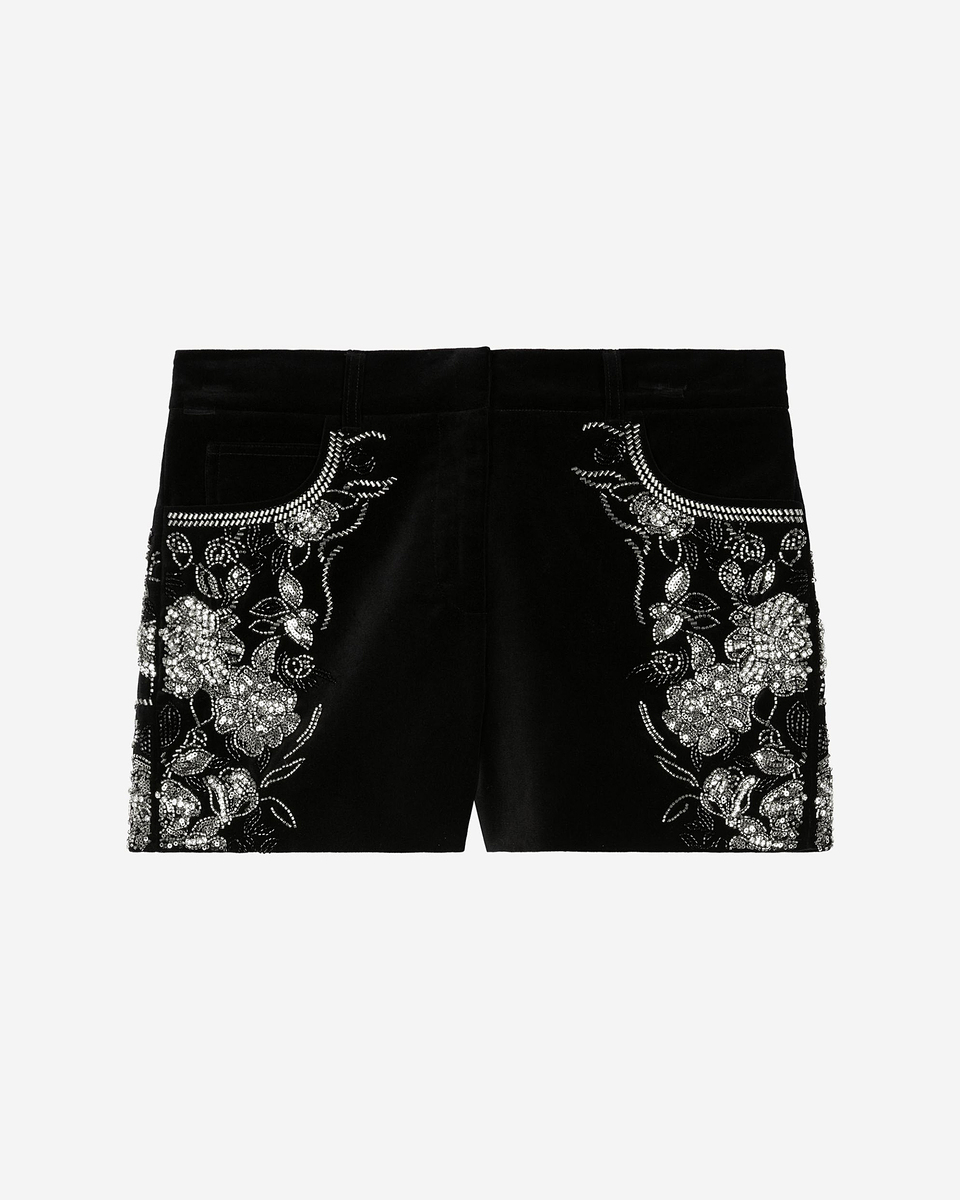 Black velvet shorts embroidered with rhinestones and pearls