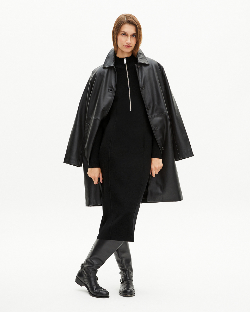 Long black wool-blend dress with zipped collar