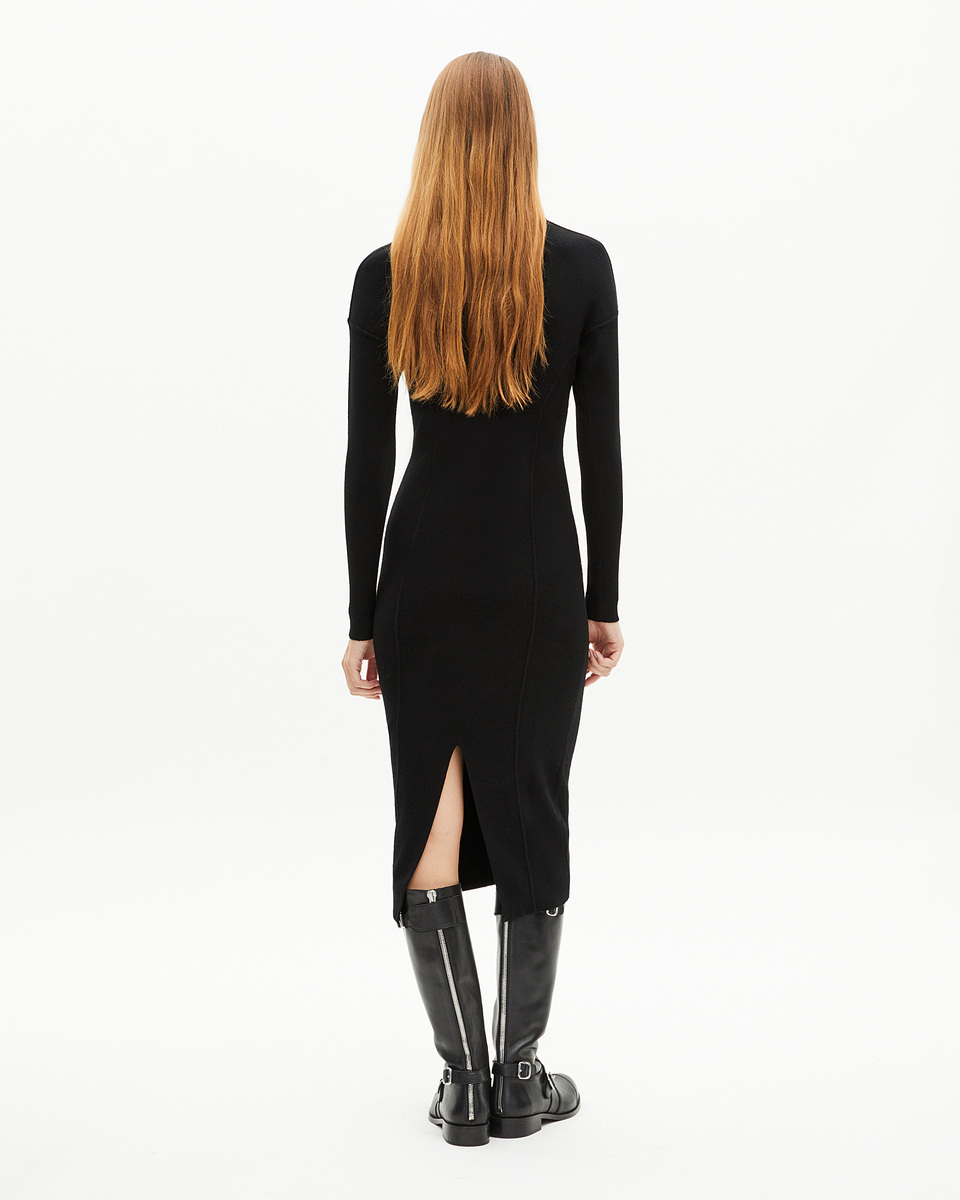 Long black wool-blend dress with zipped collar