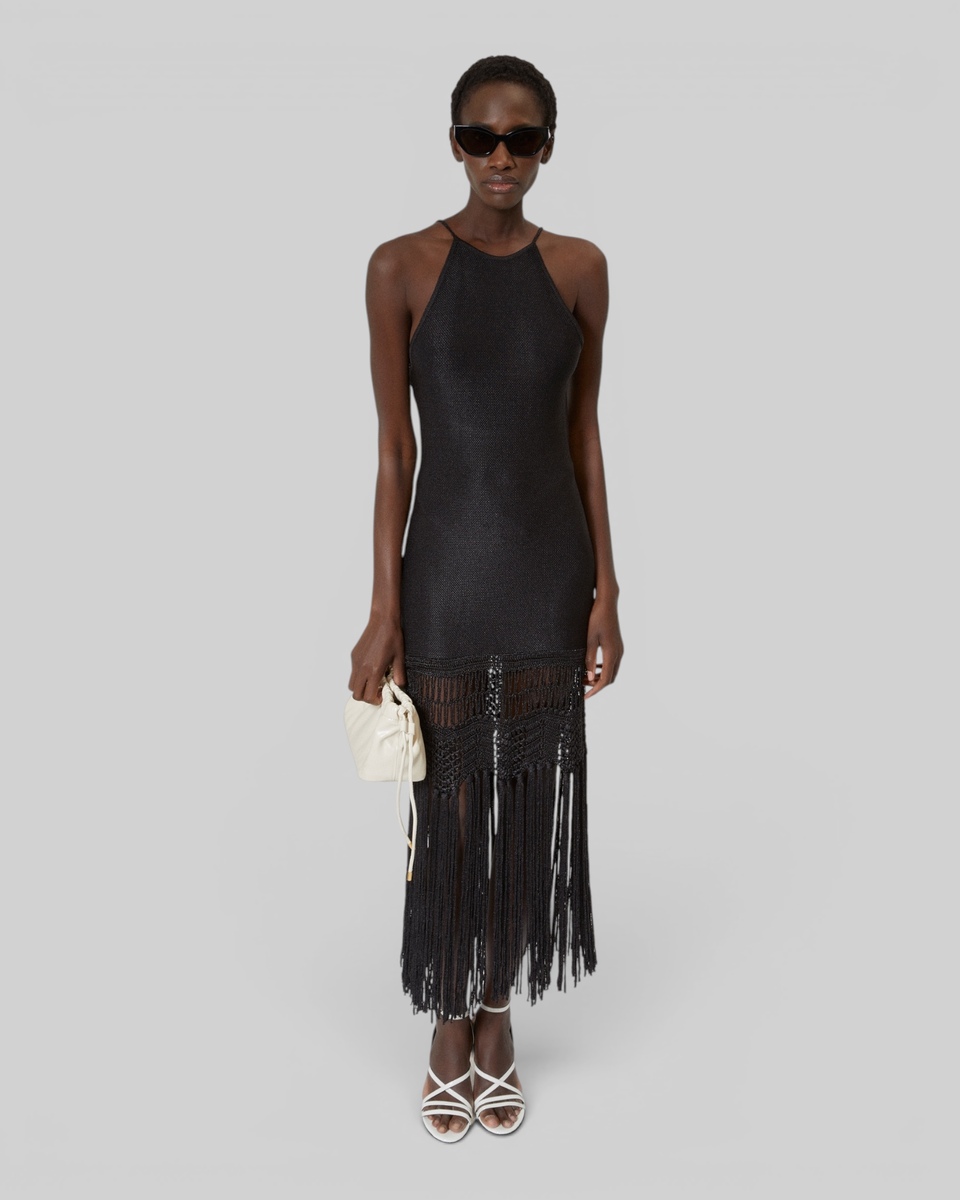 Black mesh halter dress with bangs