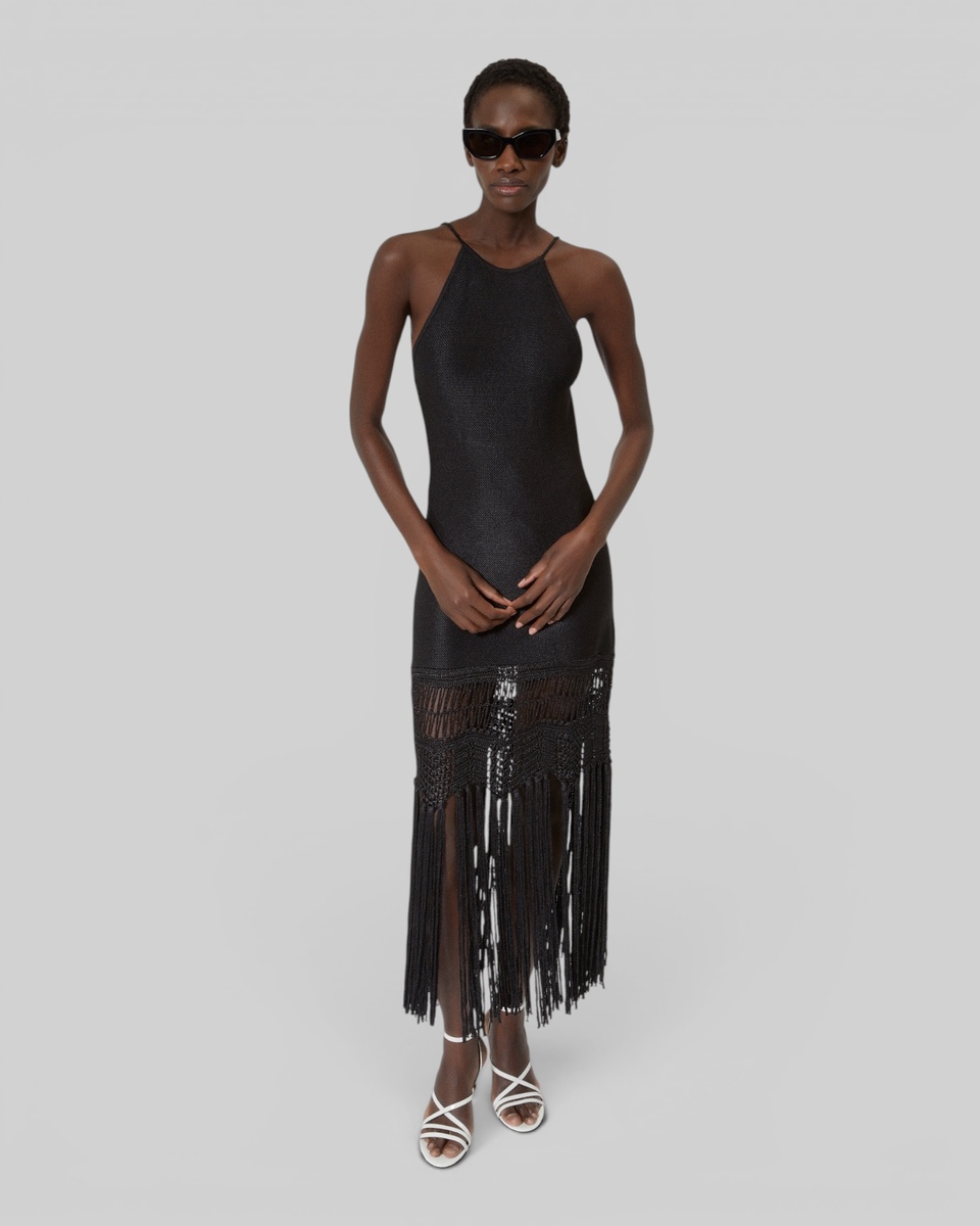 Black mesh halter dress with bangs