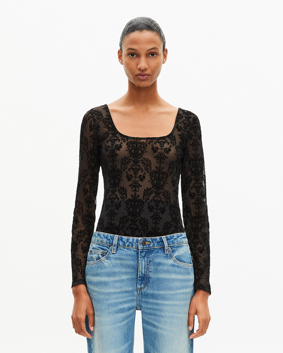Mesh bodysuit with black flocking