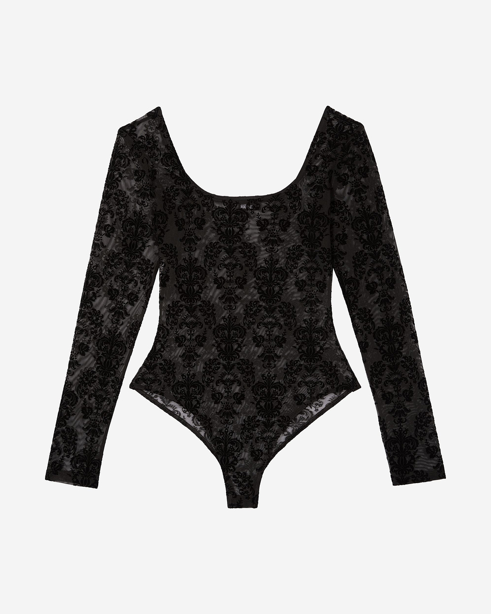 Mesh bodysuit with black flocking