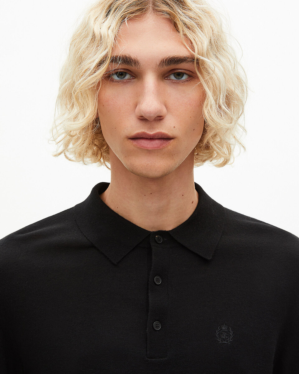 Black merino wool polo-neck sweater