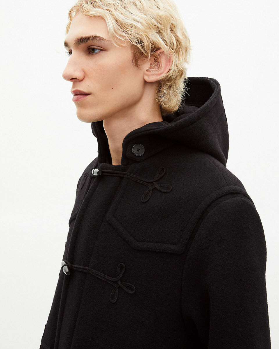 Long black wool coat with Brandenburg closure