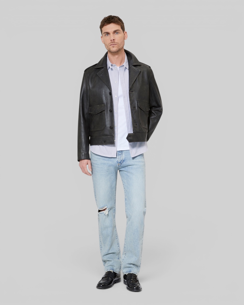 Black leather button-down jacket