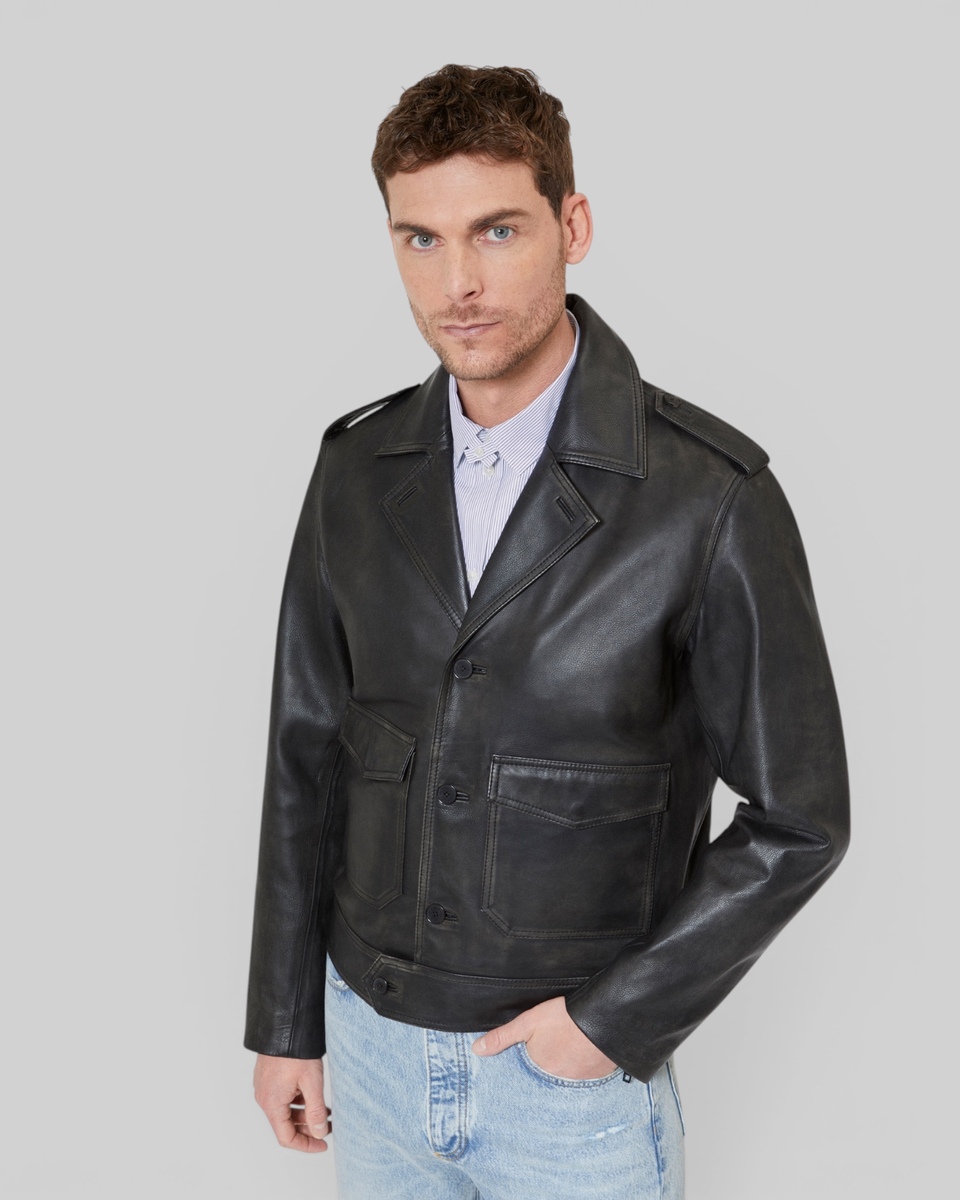 Black leather button-down jacket