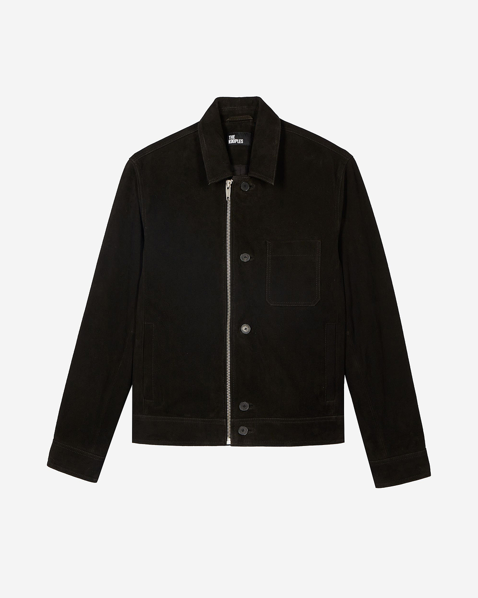 Suede jacket with black offset zip