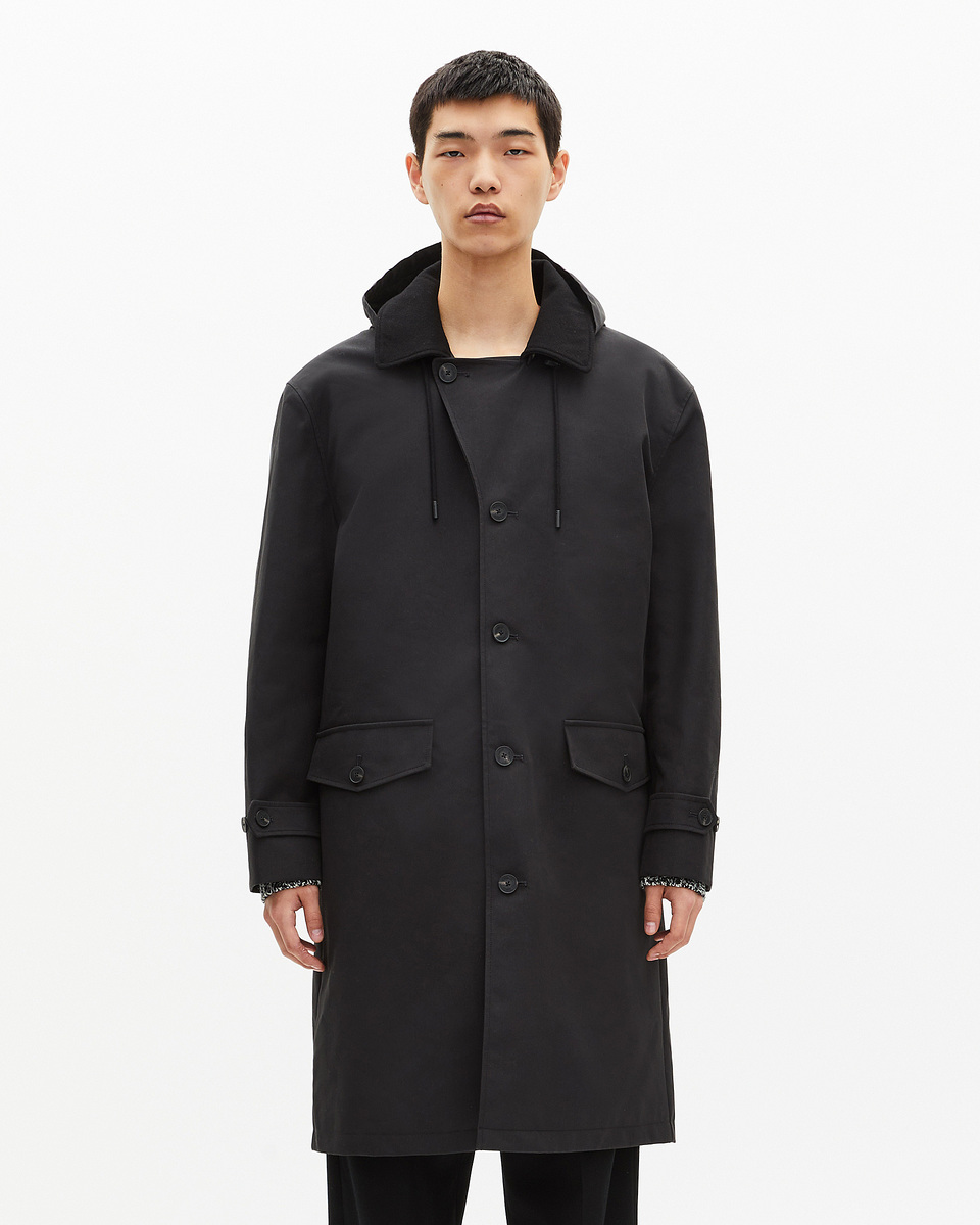 Black hooded trench parka