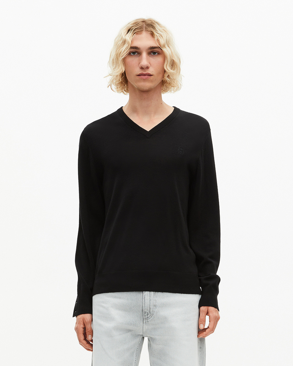 Black merino wool V-neck sweater