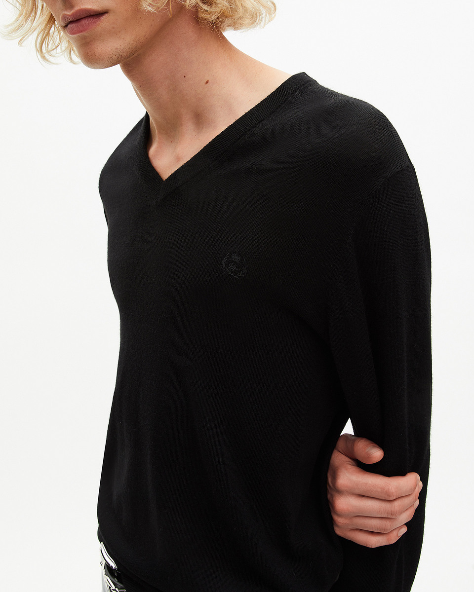 Black merino wool V-neck sweater