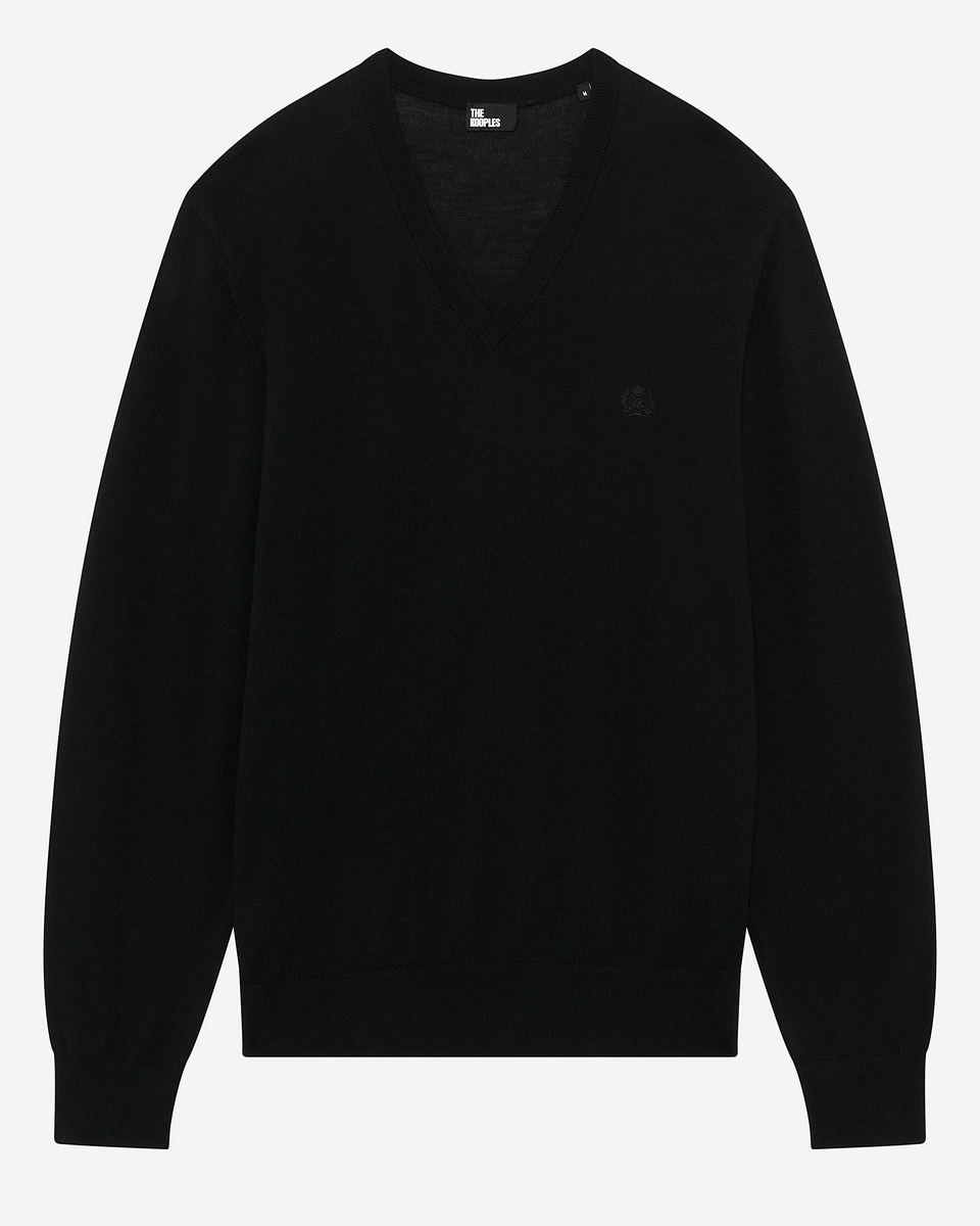 Black merino wool V-neck sweater