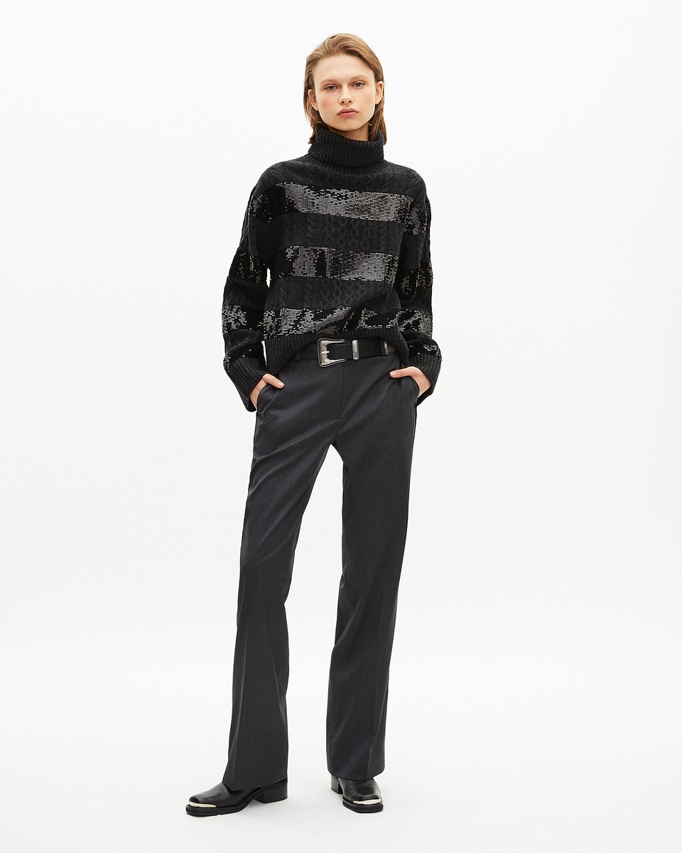 Dark grey turtleneck sweater with sequin stripes