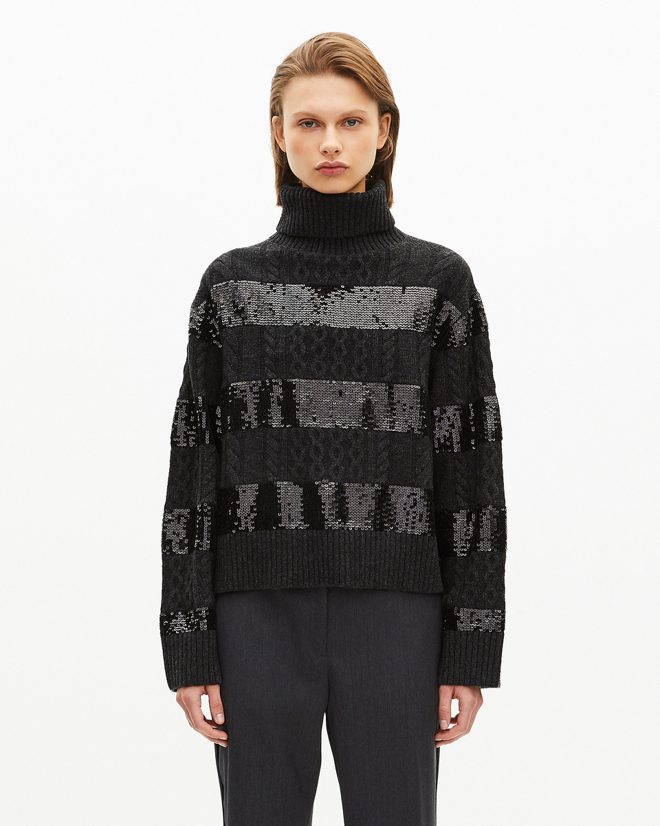 Dark grey turtleneck sweater with sequin stripes