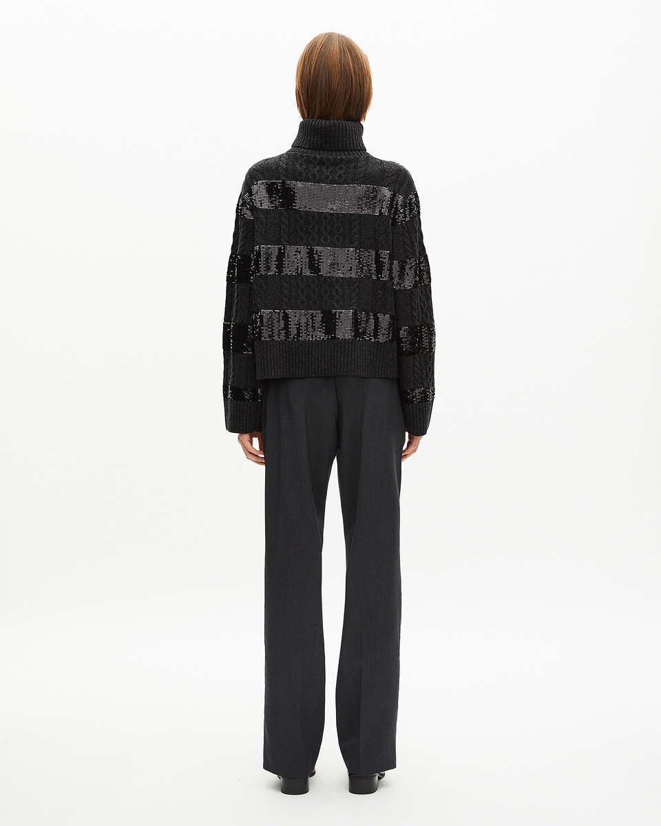 Dark grey turtleneck sweater with sequin stripes