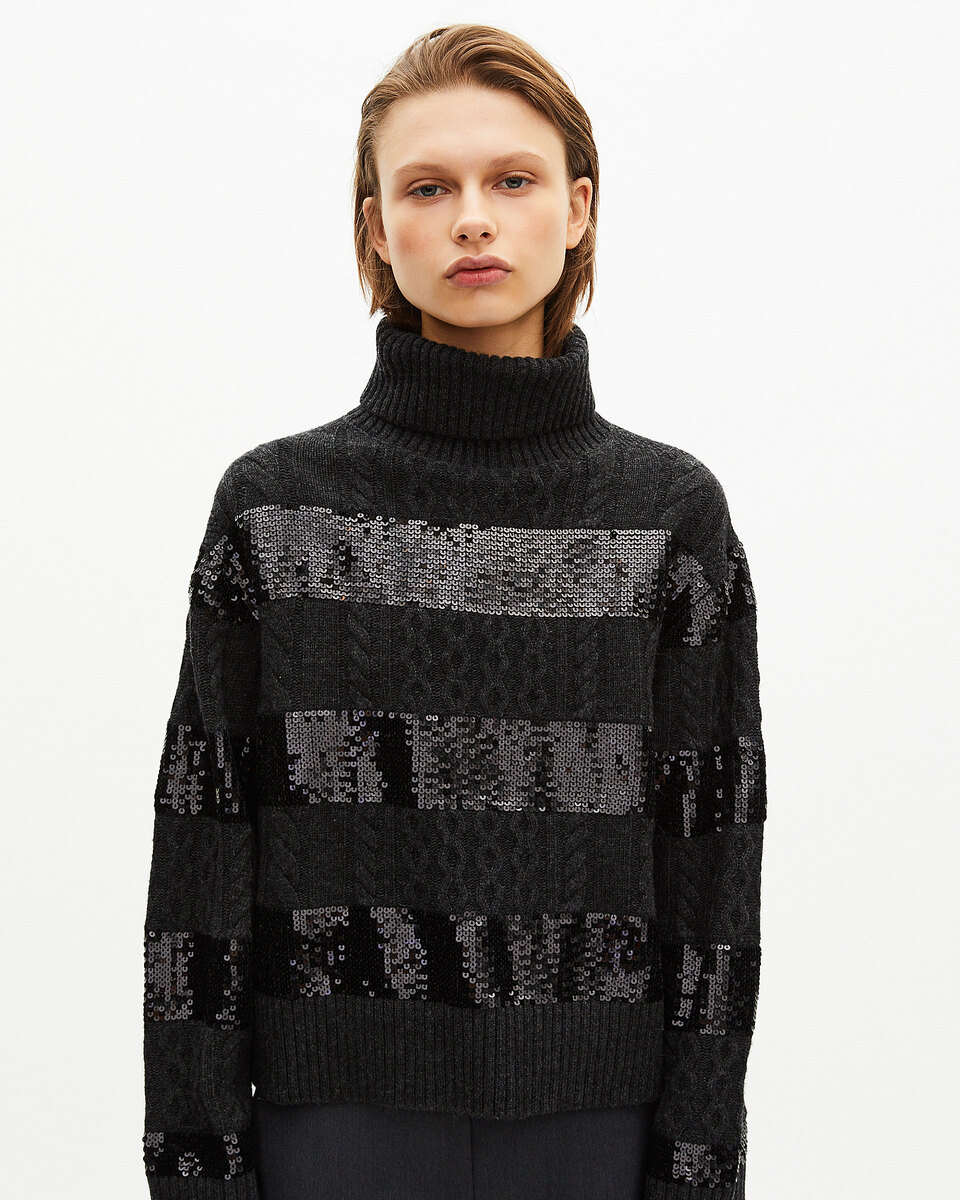 Dark grey turtleneck sweater with sequin stripes