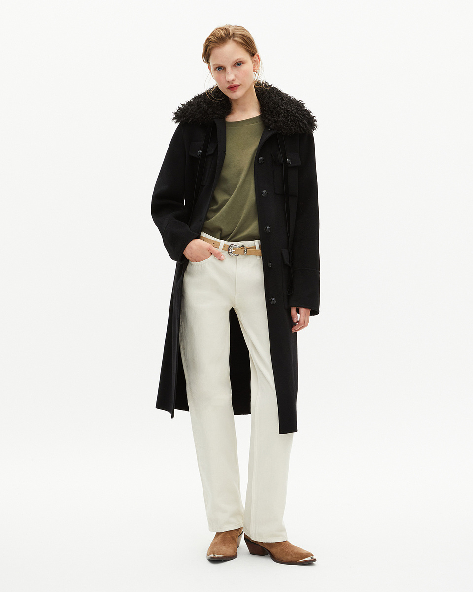 Long double-sided wool coat with black sherpa collar