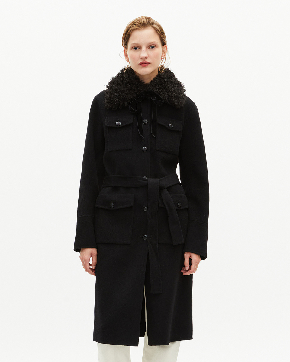 Long double-sided wool coat with black sherpa collar
