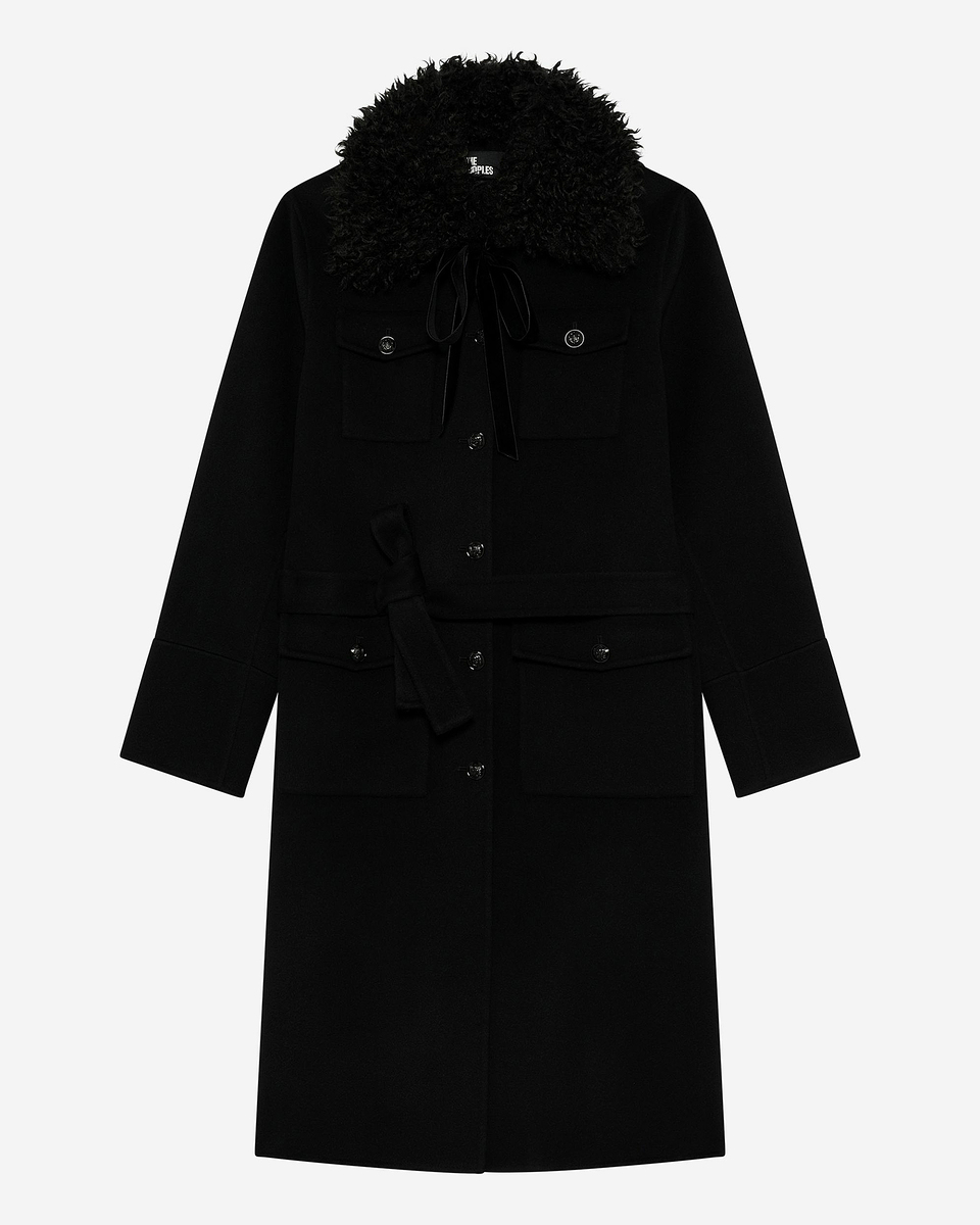 Long double-sided wool coat with black sherpa collar