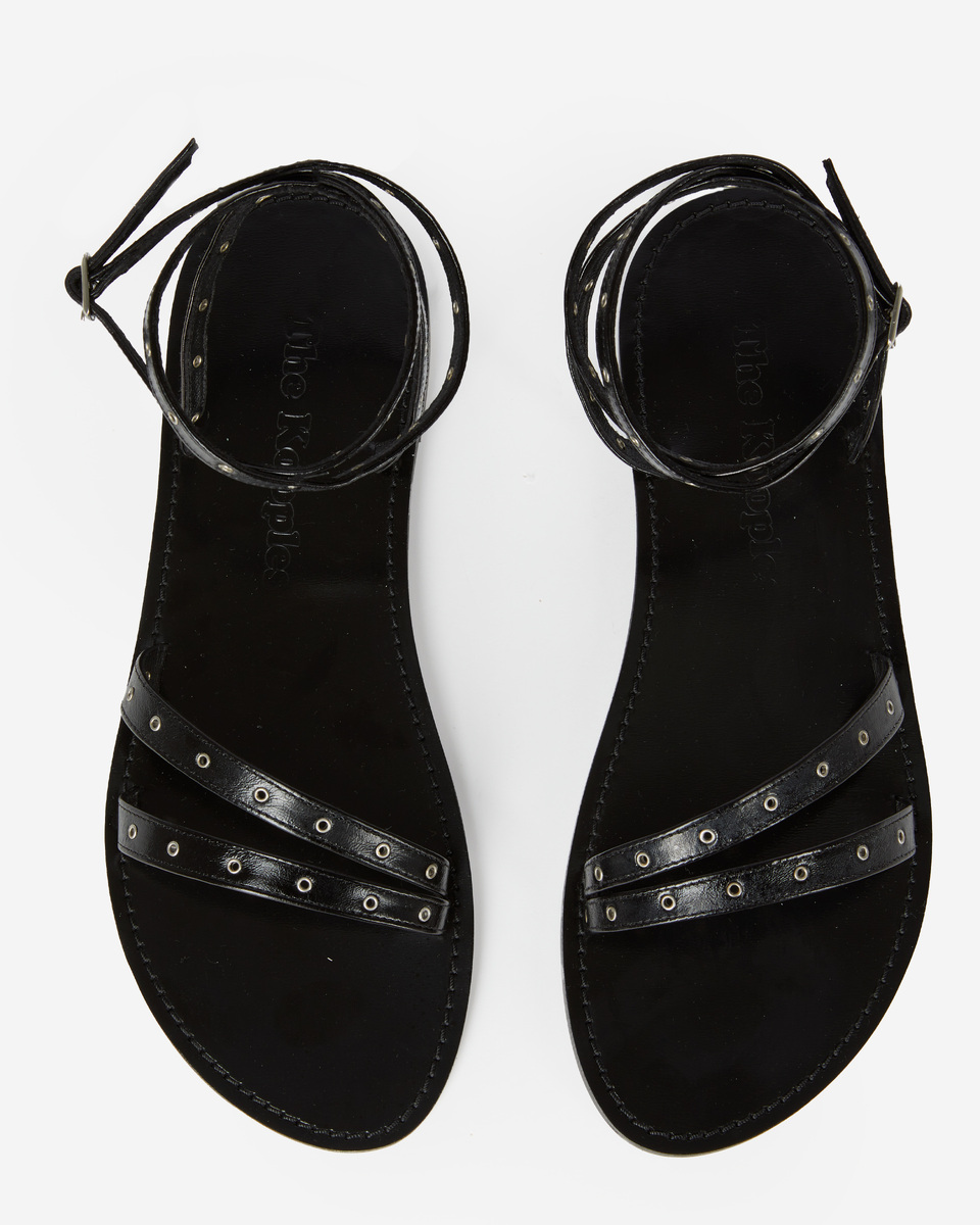 Black leather flat sandals with eyelets