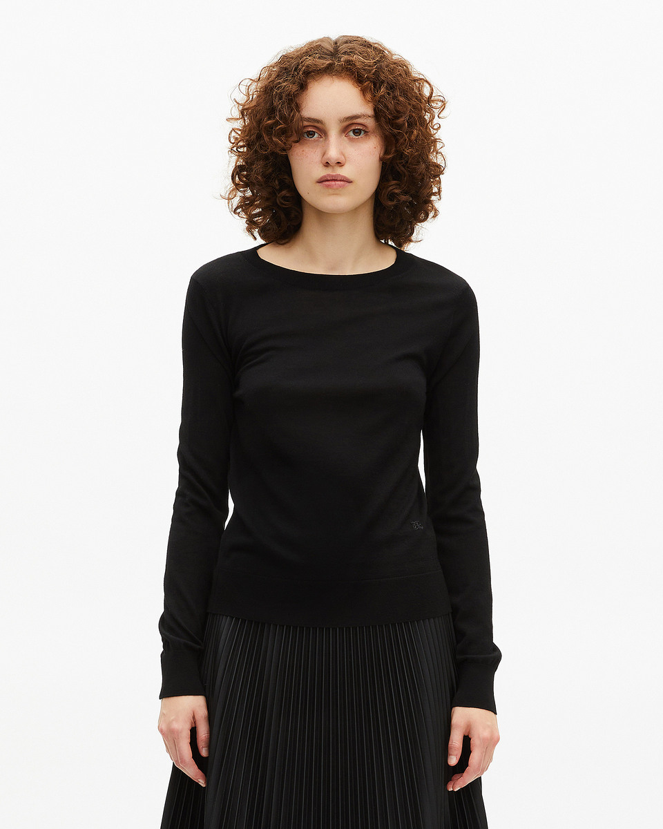 Black merino wool round-neck sweater