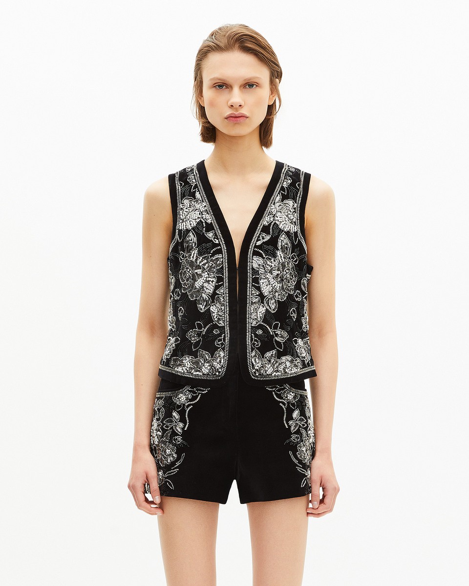 Black embroidered velvet vest