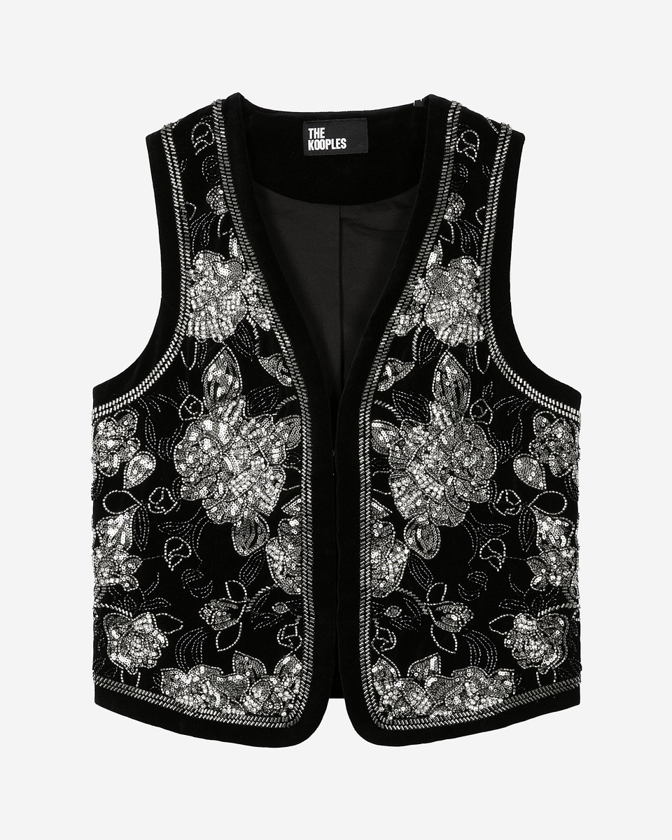 Black embroidered velvet vest
