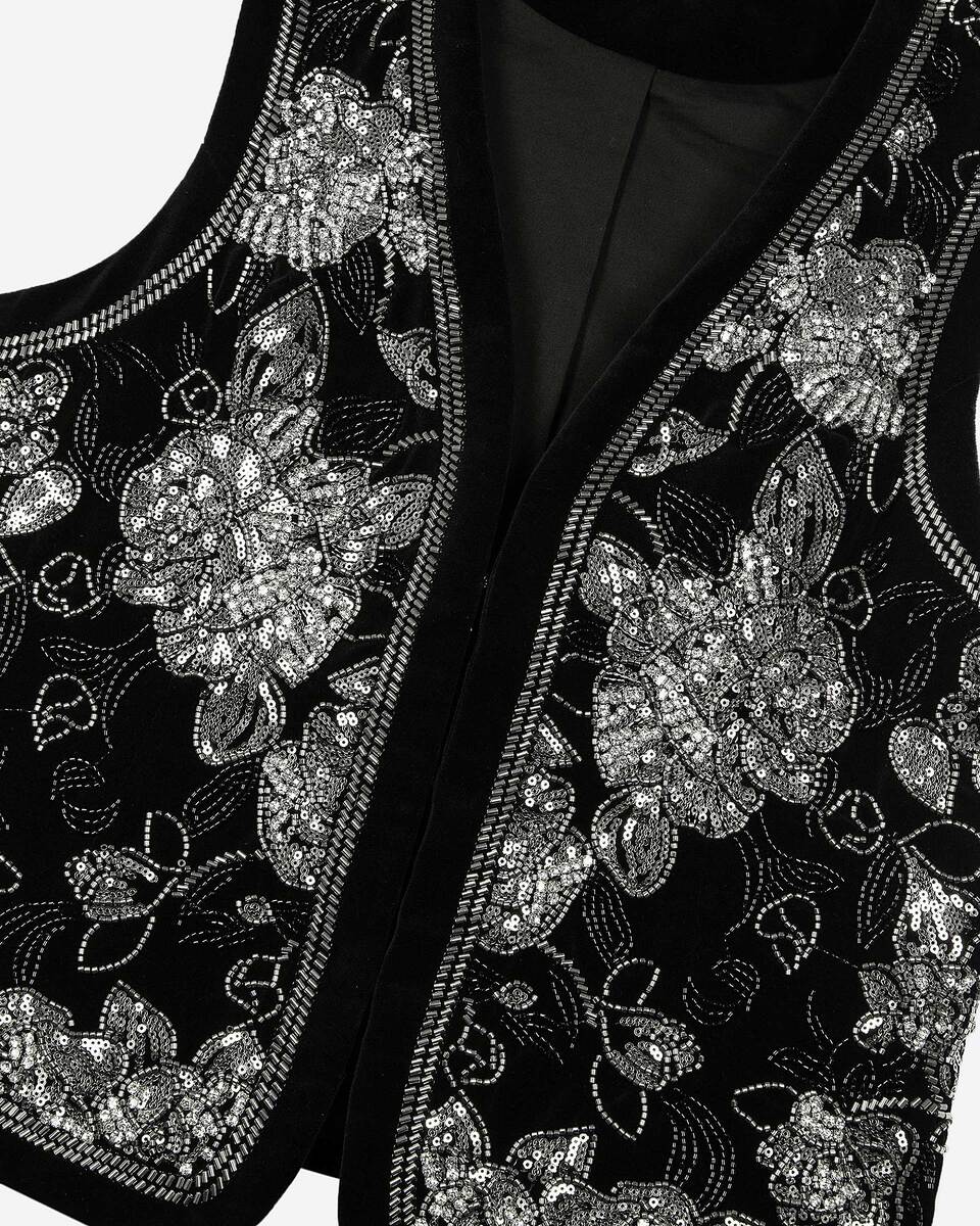 Black embroidered velvet vest