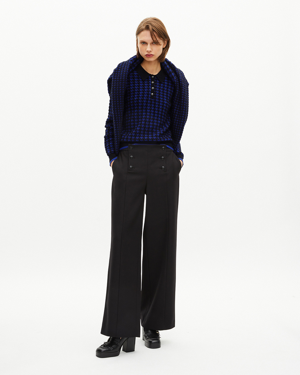 Blue wool blend houndstooth polo neck sweater