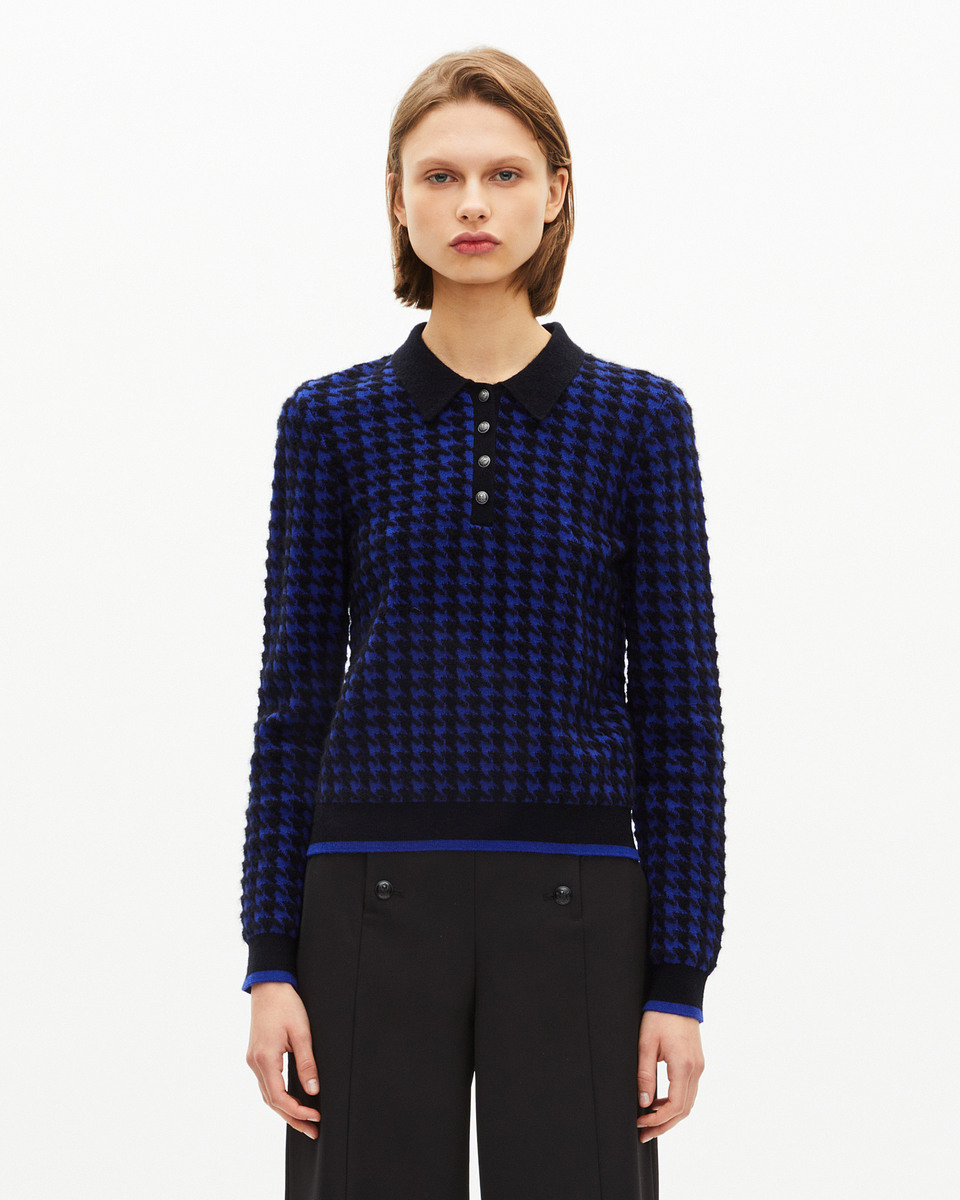 Blue wool blend houndstooth polo neck sweater