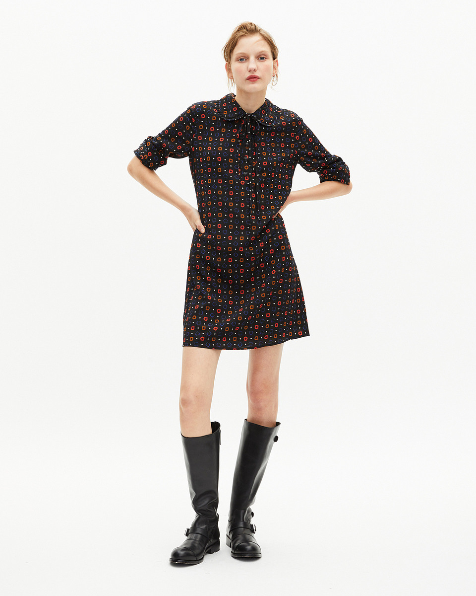 Black silk blend polka dot and floral print short dress