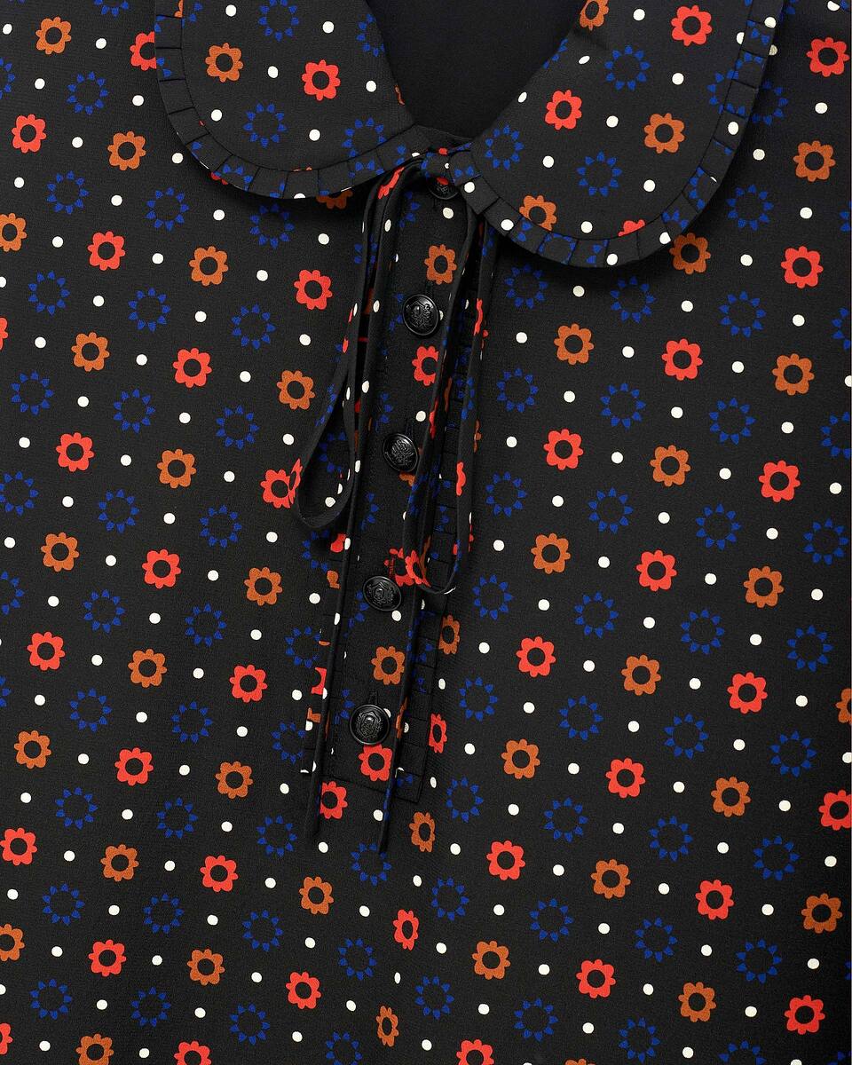Black silk blend polka dot and floral print short dress