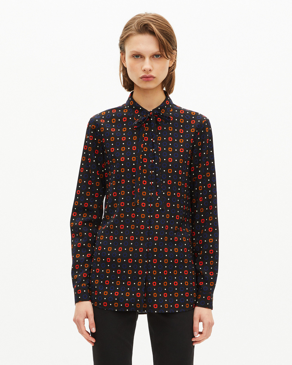 Black silk blend polka dot and floral print shirt