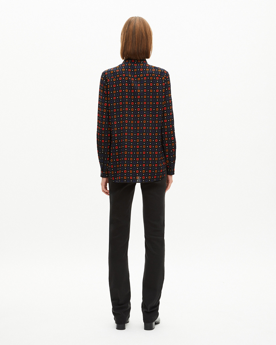 Black silk blend polka dot and floral print shirt