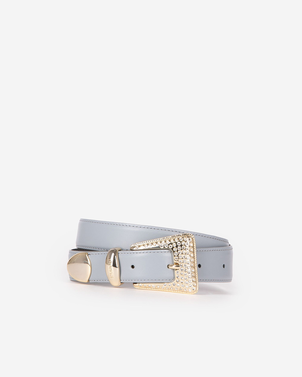 Blue leather western buckle belt in gold with rhinestones