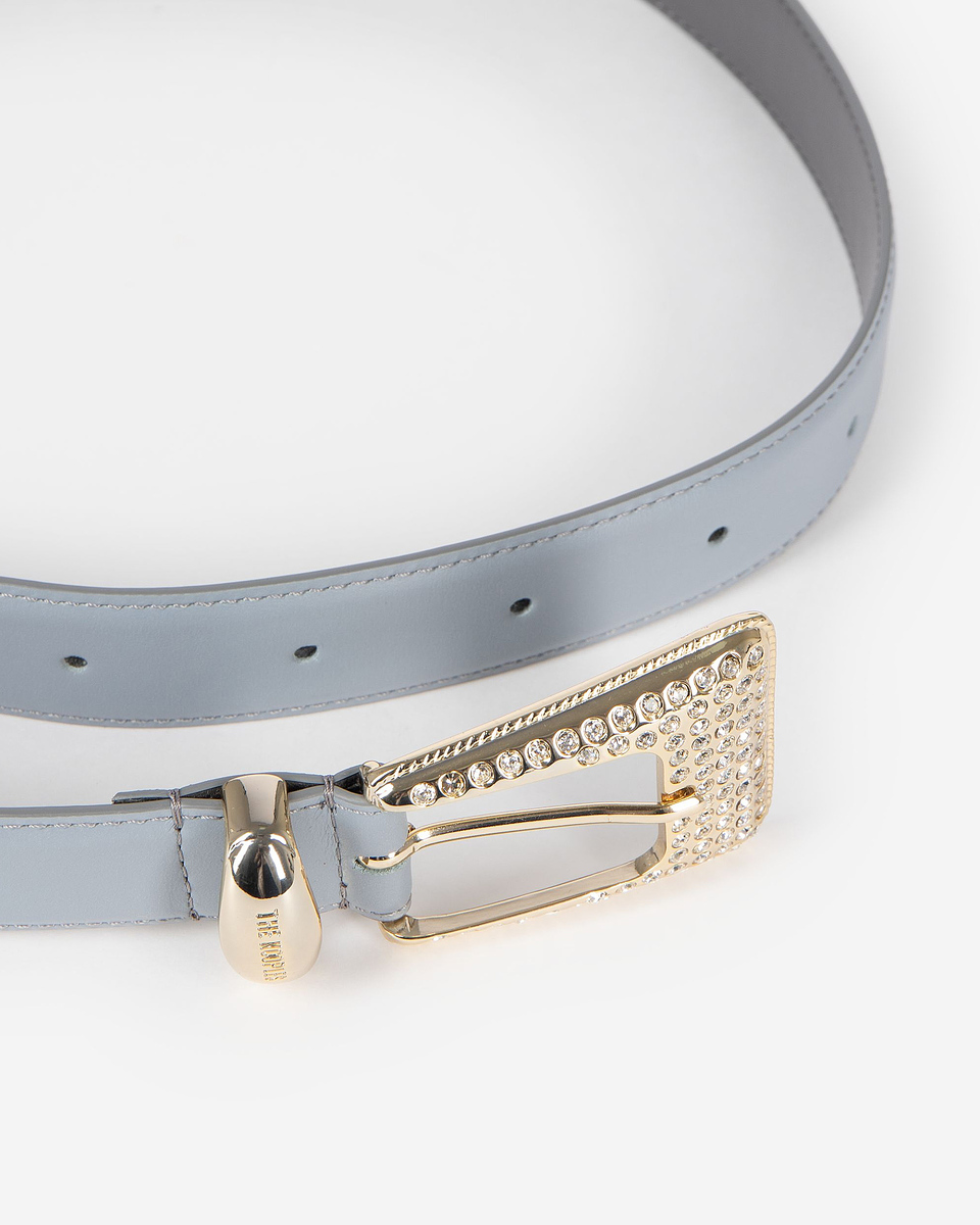 Blue leather western buckle belt in gold with rhinestones