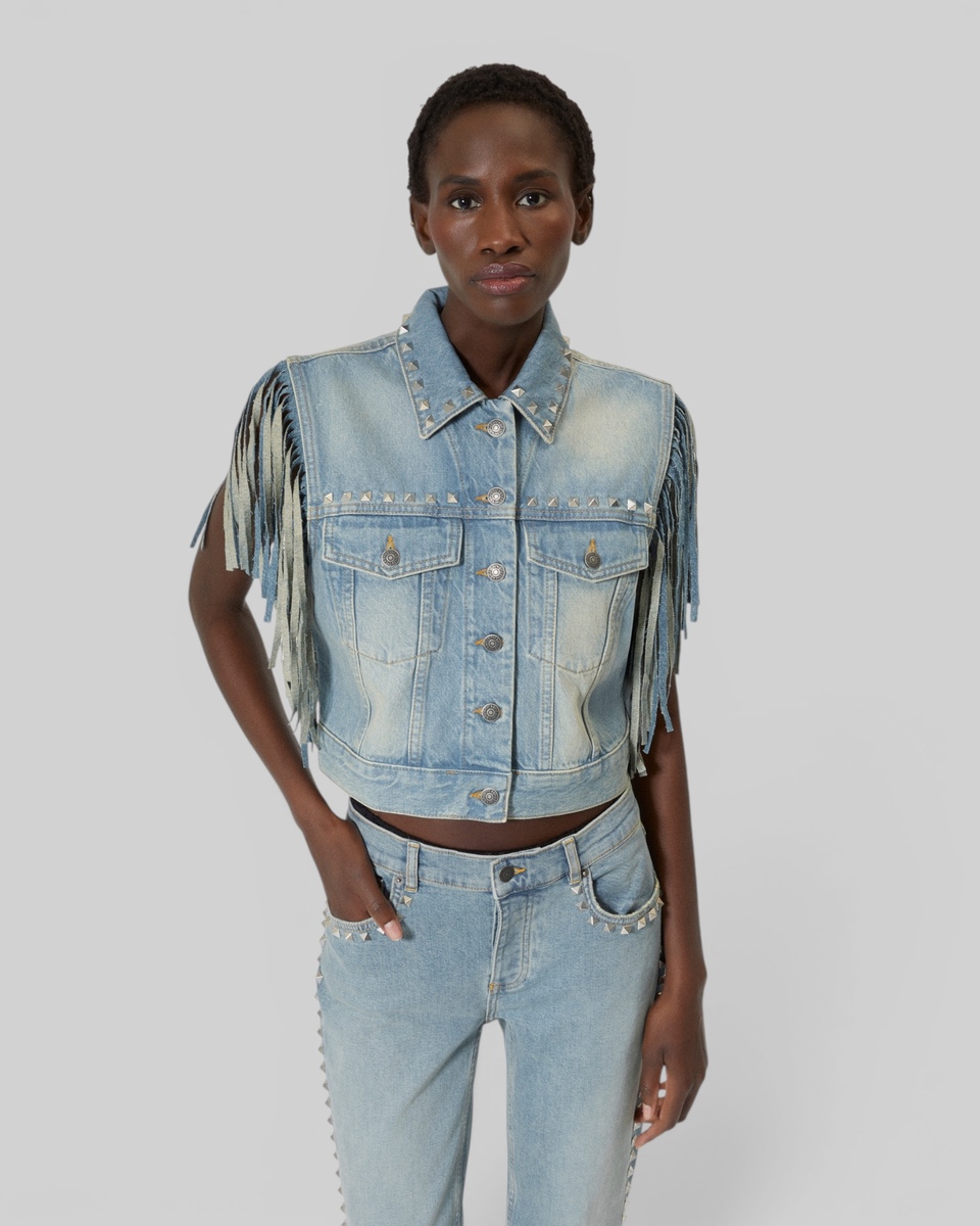 Blue denim jacket with bangs and studs